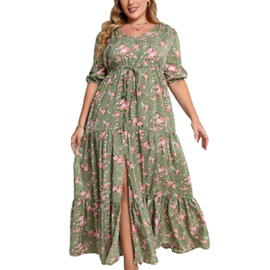 Vestido de talla grande XL-5XL, estilo bohemio, con cuello en V, manga corta, estampado, largo, para playa, para mujer - Product Image 1
