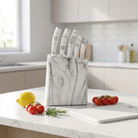 Ensemble de 6 couteaux de cuisine en acier inoxydable, bloc en marbre, manches en plastique, lame antiadhésive, design ambidextre, boîte cadeau durable
