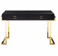 Bureau d'écriture noir et or avec deux tiroirs, bureau d'ordinateur moderne de luxe, structure en acier inoxydable doré, mobilier de bureau à domicile