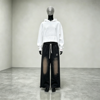 Pantalon Noir Délavé Style Urbain avec Taille Élastique, Bordures Brutes, Cordon de Serrage et Broderie Simple, Coupe Ample