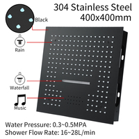 Robinet de douche thermostatique en laiton noir mat avec barre coulissante de 16 pouces, pommeau de douche LED effet pluie/cascade et système audio pour usage hôtelier