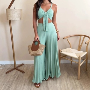 Ensemble 2 pièces pour femmes, haut sans bretelles et pantalon large plissé, tendance - Product Image 3