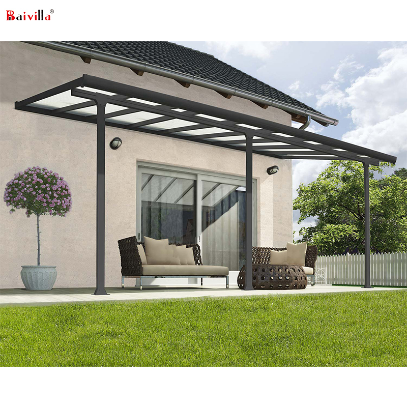Durée de vie Résilient Polycarbonate Patio Auvents de Balcon En Métal Gris Cadre En Aluminium