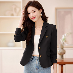 Women's Casual Blazer Black Slim Fit Short Jacket With Pocket No-Wrinkle Treatment Solid Color Polyester Fabric - Product Image 1