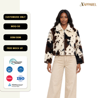 Veste courte pour femme Anjie, imprimé vache, aspect peluche, fermeture éclair sur le devant, col, fabrication sur mesure OEM ODM, marque privée