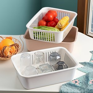 Panier de drainage double couche pour cuisine, bac à légumes 38,7x28,7x11,7cm, en PP de qualité alimentaire, multifonctionnel pour le stockage des fruits - Product Image 1