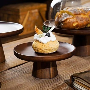 Plateau à gâteau en bois d'acacia, rond, couleur noyer, design rustique, présentoir à desserts pour salon, emballage en une seule pièce - Product Image 3
