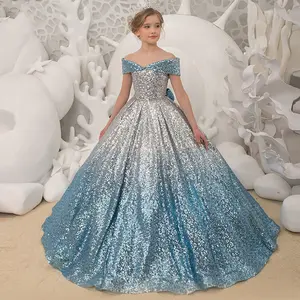 Parlak çiçek kız uzun kat uzunluk pullu düğün parti elbise pembe mavi gelin prenses doğum günü akşam elbise