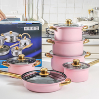Ensemble de Cuisson de 6 Pièces en Acier Inoxydable Rose : Casseroles Antiadhésives, Marmite, Faitout et Poêle à Frire