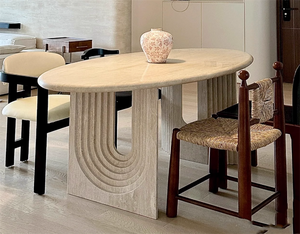 Sala da pranzo retrò francese mobili in pietra <span class=keywords><strong>travertino</strong></span> in marmo tavolo da pranzo ovale con piedistallo a forma di U - Product Image 3