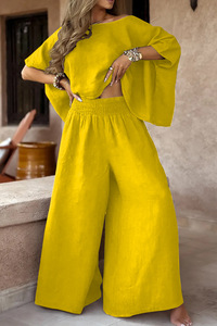 Damen Casual Vacation Style Sommer kragen Short Top High Waist Loose Pants 2-teiliges Set - Product Image 5