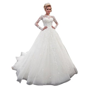 Princess Ball Gown Wedding Dress Ivory White Long Sleeve Lace Sweetheart Neckline Vintage Embroidered Organza Tulle Full Train - Product Image 3