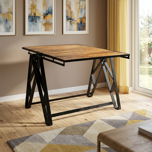 Mesa de Comedor Extensible de Madera Maciza y Metal para Exterior con Estante Lateral, Muebles Clásicos Indios Hechos a Mano - Product Image 4