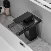 FLG Moderne LED Laiton Massif Cascade Noir Monotrou Salle De Bains Lavabo Robinet 4 Couleur Lumière Changeante Mitigeur Robinet Salle De Bains
