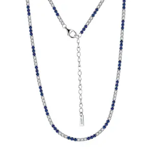 LOKKEI 2MM Blanco Azul 5A Cubic Zirconia 925 Collar de cadena de tenis de plata esterlina 36 + 5 Cadena extendida