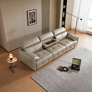 Ensemble de canapé-lit moderne en tissu et cuir beige, carré, extensible, trois places, cadre en bois, appartement, salon - Product Image 3