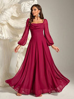 Rose Garden Gala Abaya rouge foncé encolure carrée manches bouffantes jupe volumineuse luxe vêtements modestes fournisseur niveau importation Flex