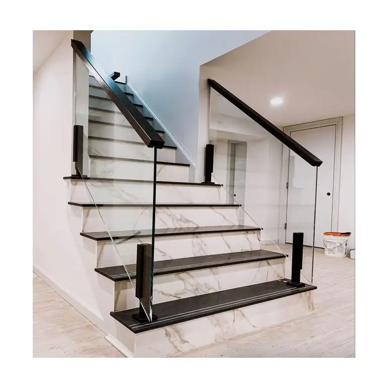 Modern low cost straight stairs with frame glass railing stairs