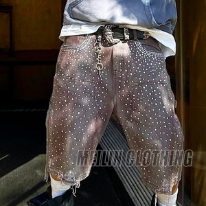 Custom Streetwear Fashion Crystal Rhinestone Baggy Vintage <b>Jeans</b> Shorts Men <b>Raw</b> Edge <b>Hem</b> Rhinestone Denim Shorts - Product Image 1