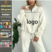 Ensemble de survêtement décontracté 2 pièces en polaire blanche pour femme avec logo personnalisé, haut demi-zip et pantalon de jogging, OEM ODM Vente en gros