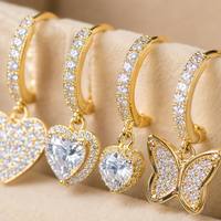 Boucles d'oreilles créoles en zircon plaqué or 18 carats, pendantes CZ, en forme de cœur, papillon, étoile, lune, pour femme