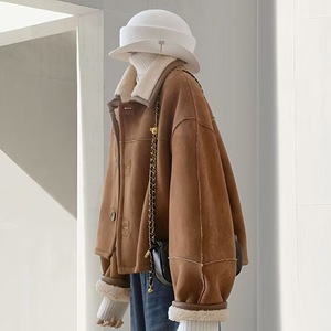 Brown Suede Coat Women Lamb Wool Filling Winter Warm Outerwear Solid Color Thick Fabric Woven Style - Product Image 1