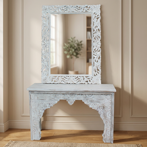 Table de toilette pliable vintage en bois de manguier massif blanc vieilli avec miroir sculpté, mobilier de chambre et d'hôtel - Product Image 3