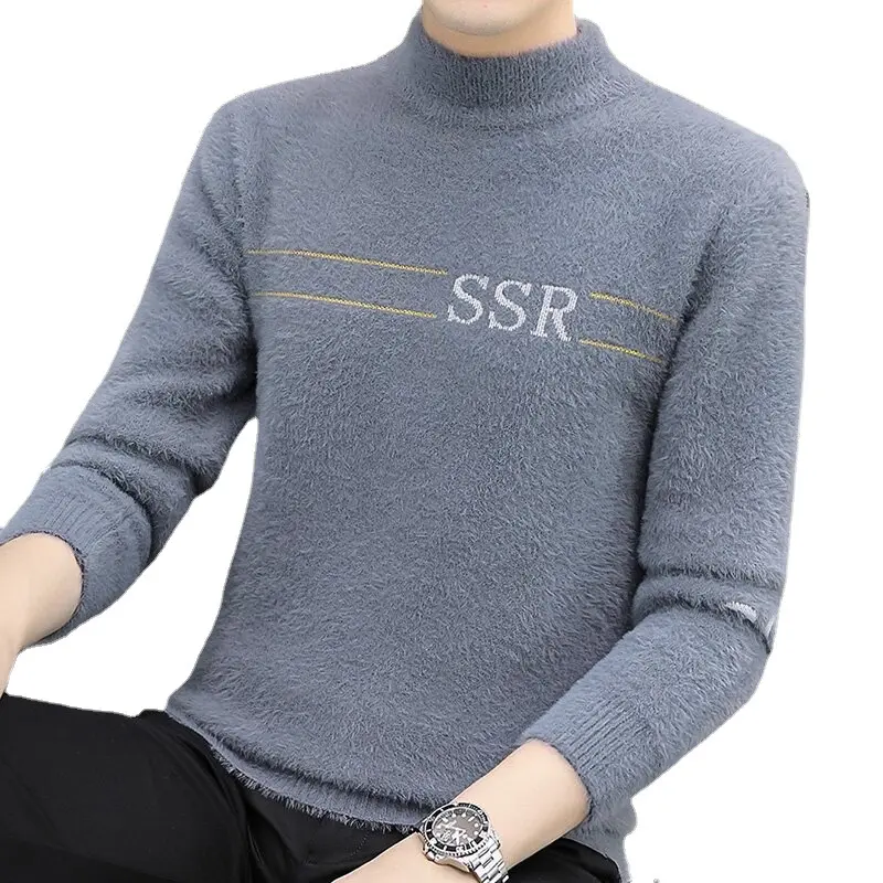 2022 Men's New Autumn Solid Color Long Sleeved Sweater Leggings Half High Neck Thick Thermal Pullover Sweater