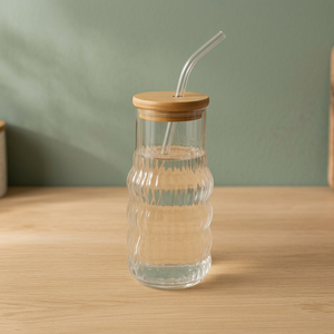 ERKUGO GiraffeC 900 ml Modern Striped Glass <b>Mug</b> with Bamboo Lid Free Straw Dishwasher & Microwave Safe Inspirational Drinkware - Product Image 3