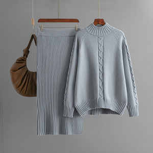 Nuovo Set Invernale da Donna: Maglione <span class=keywords><strong>di</strong></span> Lusso Ampio con Collo Alto a Metà Girocollo, Maniche Lunghe e Gonna a Costine alla Moda - Product Image 5