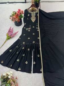 Designer Heavy Embroidery Sequence Work Top-Sharara Dupatta Indian & Pakistani Party Wear with <b>Lace</b> <b>Sleeves</b> Made Chinon Silk - Product Image 5