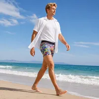 Ensemble 2 pièces de caleçons de bain pour hommes, motif graffiti coloré et rayé, taille élastique noire, séchage rapide, extensible dans les 4 sens, en gros et en stock