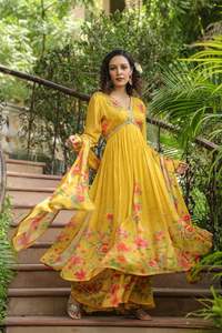 นักออกแบบที่ขายดีที่สุด Chinon อาเลียตัดชุดช่าง Kurti Sharara พร้อมดูปัตตาสําหรับผู้หญิงจากอินเดีย - Product Image 4