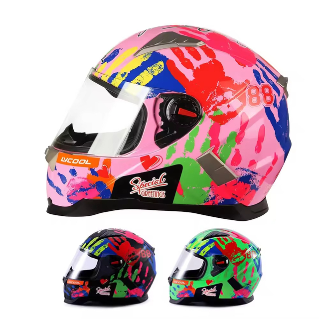 New Baige Stylish Pink Colorful Graffiti PC ABS DOT Racing Motocross Full Face Motorcycle Helmet