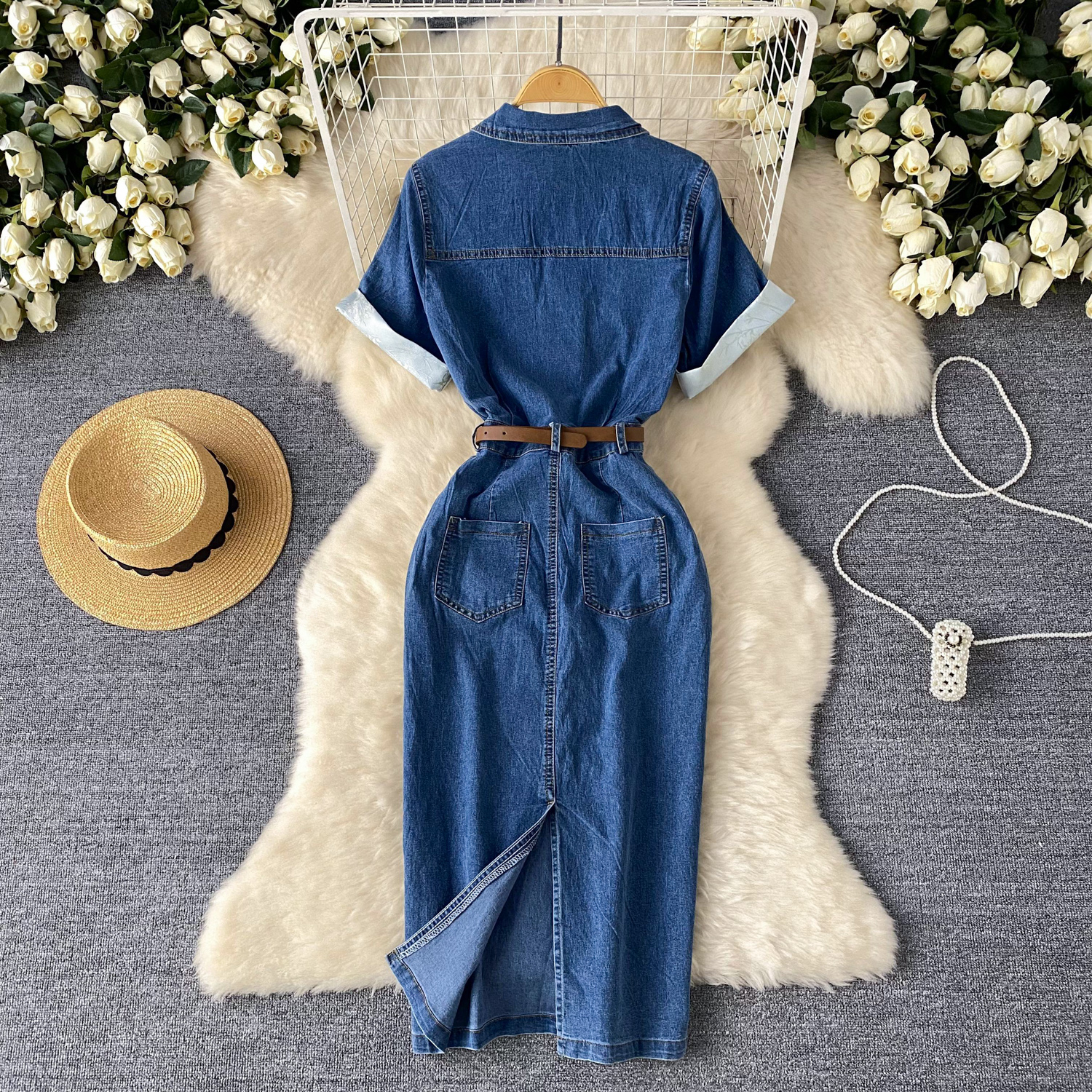 Elegant Empire Denim Midi Summer Dress For Women With Short Sleeves