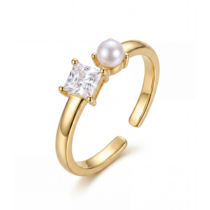 18K Gold Plated S925 <b>Silver</b> Open Shell Pearl <b>Ring</b> Princess Cut CZ <b>Adjustable</b> Luxury Pearl Jewelry for Women Gift - Product Image 1