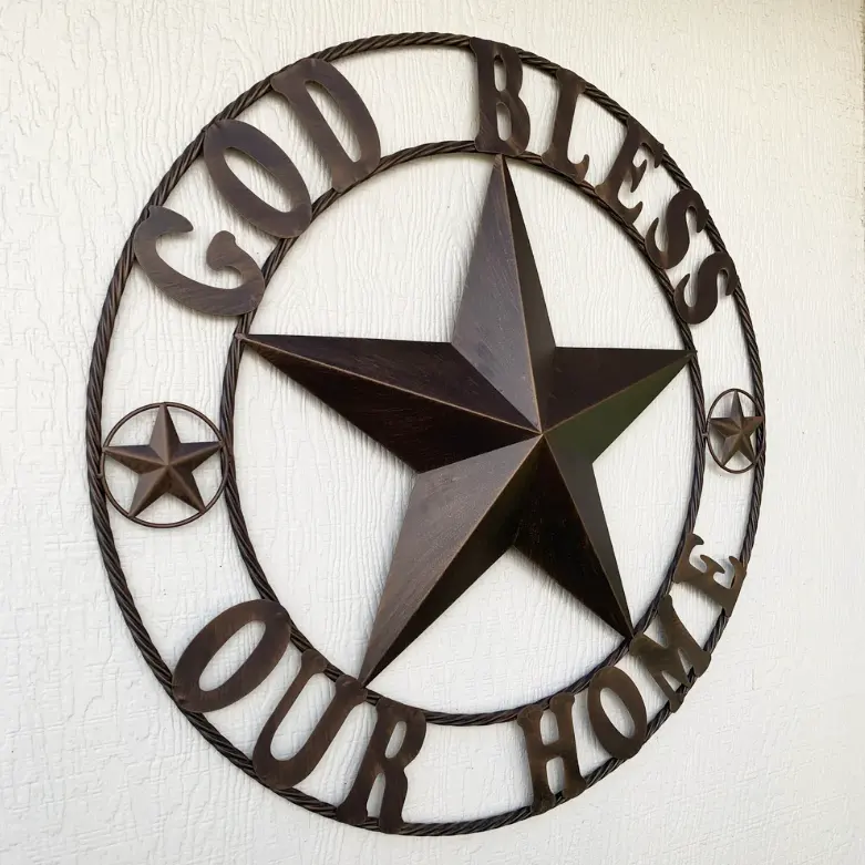 24" Metal Vintage Farmhouse Western Barn Star Gold Bless Our Home Wall Decor Sign With Rope Ring