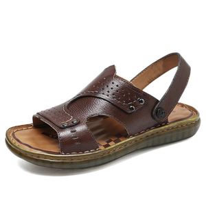 Sandales d'été pour hommes en cuir de vache, semelle souple et confortable, chaussures de plage, sandales plates à enfiler, grandes tailles - Product Image 1