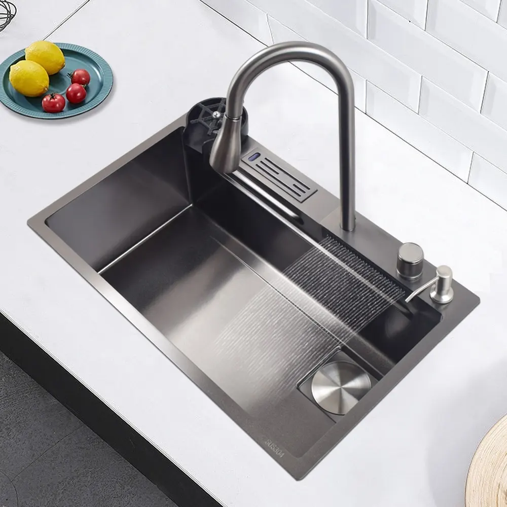 Fregadero de cocina en cascada, nuevo nanómetro negro, acero inoxidable 304, 3mm de espesor, gran ranura única, grifo de cascada de montaje superior