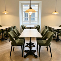Meubles de restaurant commerciaux modernes, chaise de salle à manger en bois massif, table en marbre, banquette rembourrée verte pour café bistro