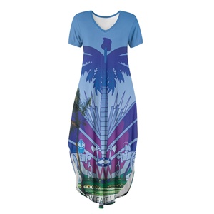 Haiti <strong>Flag</strong>/Logo Print Vintage Blue Long Maxi Dress for Ladies Casual Holiday Wear Polynesian Tribal Haitian Island Women's Dress - Product Image 4