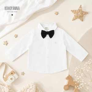 Chemise classique blanche à manches longues avec un charmant détail nœud papillon crée une tenue élégante pour les célébrations et les rassemblements formels. - Product Image 2