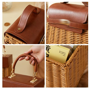 Cesti da Picnic Decorativi in Rattan Marrone, Piccoli Cesti in Vimini con Manici in Metallo, Forma Rettangolare, Cesto Portatile per Conservazione - Product Image 5