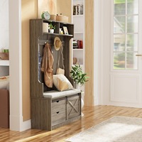 Porte-manteau moderne blanc 3 en 1, organisateur d'entrée, rangement à chaussures et banc avec crochets de porte de grange, étagères réglables