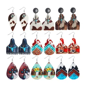 European American Vintage Jewelry Women Western Cowboy Cow Printed Real Leather Earring Water Drop Pendant Earrings