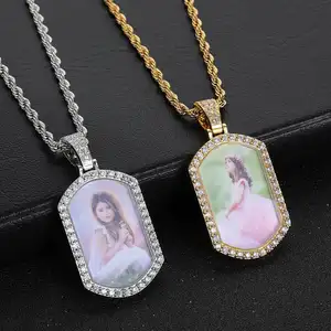 Custom Hiphop Memory Foto Hanger Diy Full Diamond Rechthoek Vorm Medaillons Iced Out Fotolijst Ketting Voor Dames Heren