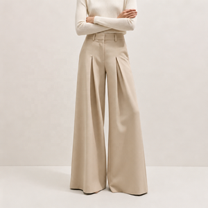 Pantaloni da <span class=keywords><strong>donna</strong></span> su misura <span class=keywords><strong>beige</strong></span> a gamba larga con doppia piega, vita alta, lunghezza al pavimento, per outfit business casual - Product Image 1