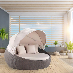 Furnitur luar ruangan anyaman dengan bantal matahari penggunaan umum tempat tidur gantung rotan bulat kanopi taman - Product Image 6