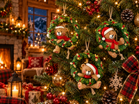 Ensemble de 3 ornements de couronne de Noël avec ours en peluche suspendu pour la décoration de la maison pendant les fêtes, pendentif chapeau de Père Noël et écharpe rouge