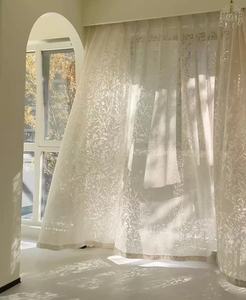 Voilage double couche style français pour salon, balcon et chambre, style crème, dentelle brodée ajourée motifs branches sous la lune - Product Image 5